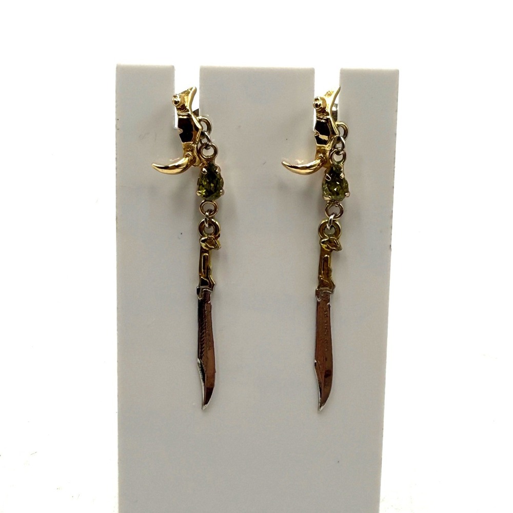 Mixed Metal Dagger Drop Earrings with Green Stone and Crescent Moon Accents